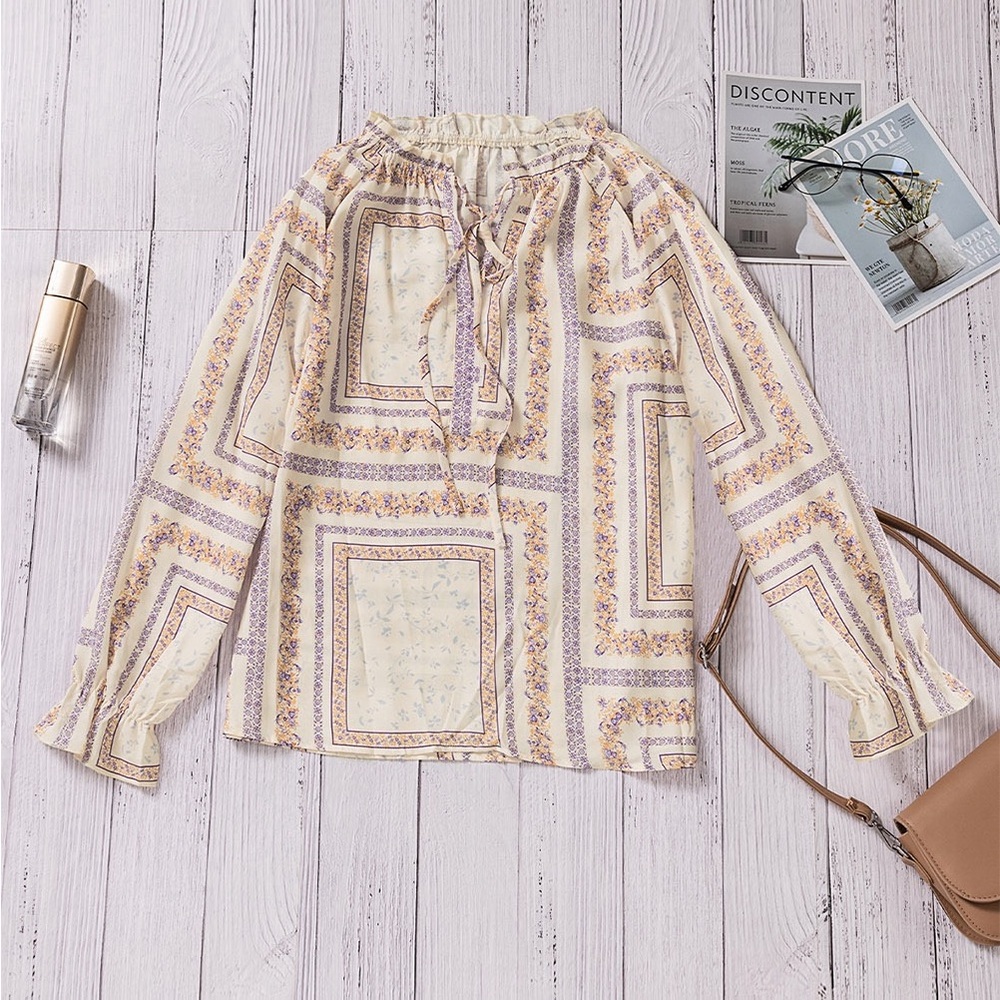 Beige V Neck Lantern Sleeve Drawstring Tribal
Print Top Bohemian Blouse - Picture 6 of 15